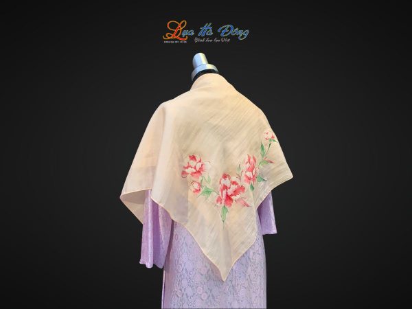 Khăn lụa vuông tơ tằm màu cam vẽ hoa