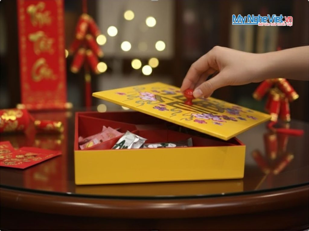 Hộp Mứt Tết Sơn Mài 4 Ngăn Hoa đào Chữ Phúc Nền Vàng Cẩn Ốc