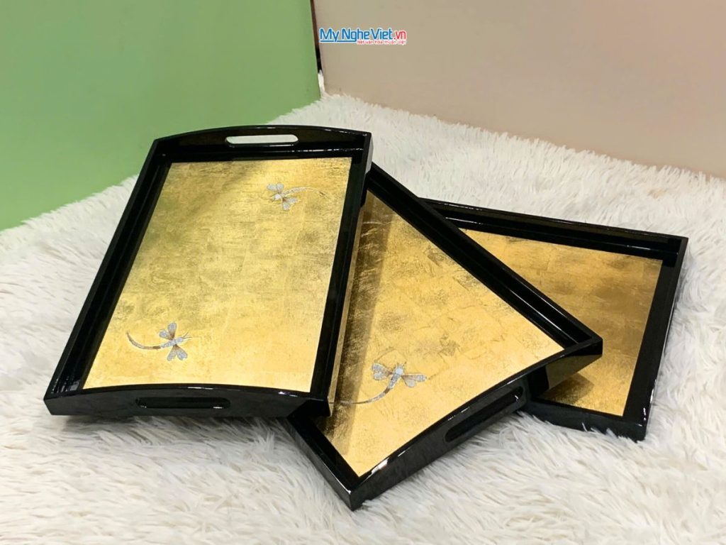 Khay sơn mài cao cấp dát lá vàng cẩn chuồn