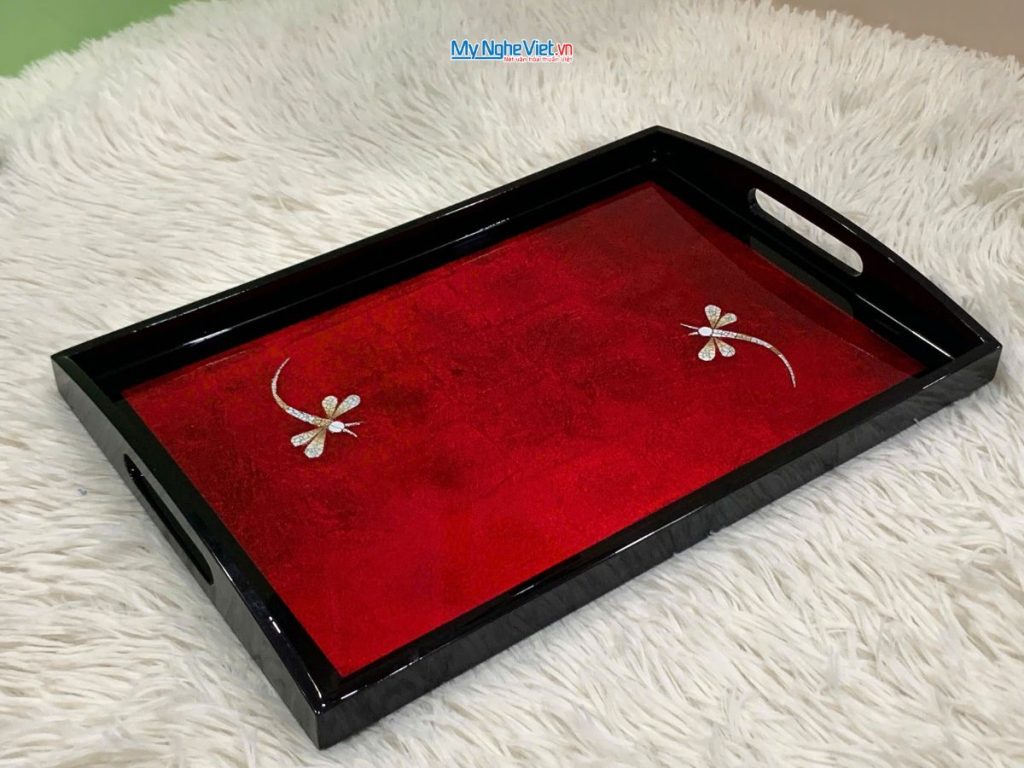 Khay sơn mài cao cấp nền đỏ dát lá vàng cẩn chuồn