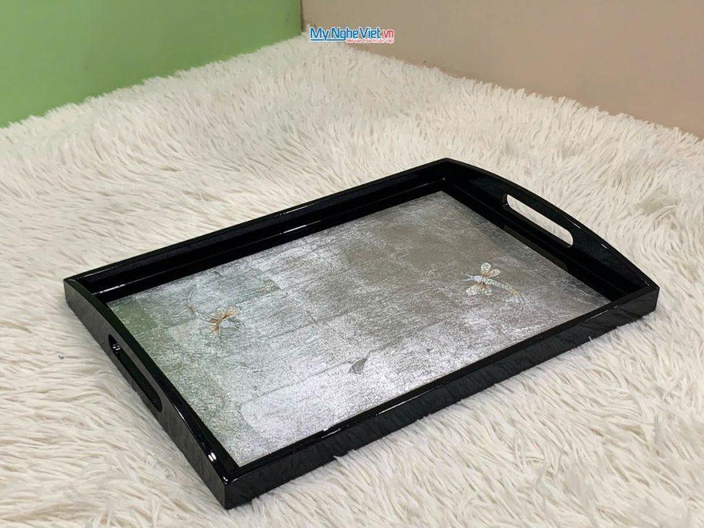 Khay sơn mài cao cấp dát lá bạc cẩn chuồn