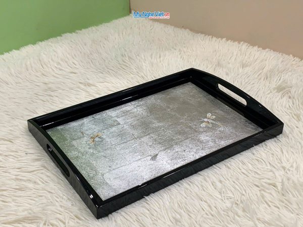 Khay sơn mài cao cấp dát lá bạc cẩn chuồn