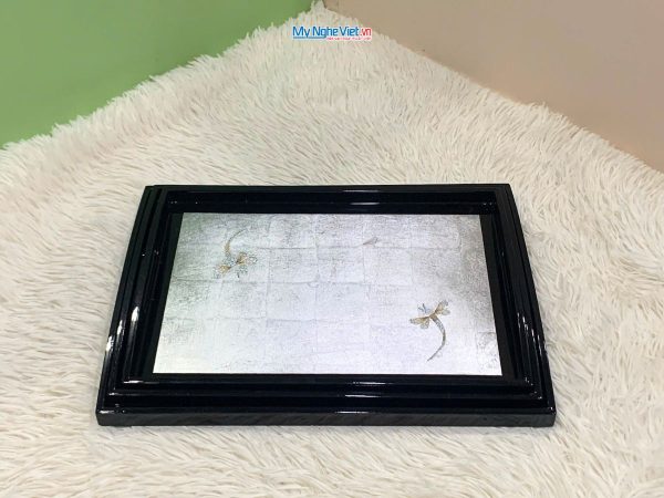 Khay sơn mài cao cấp dát lá bạc cẩn chuồn