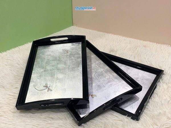 Khay sơn mài cao cấp dát lá bạc cẩn chuồn