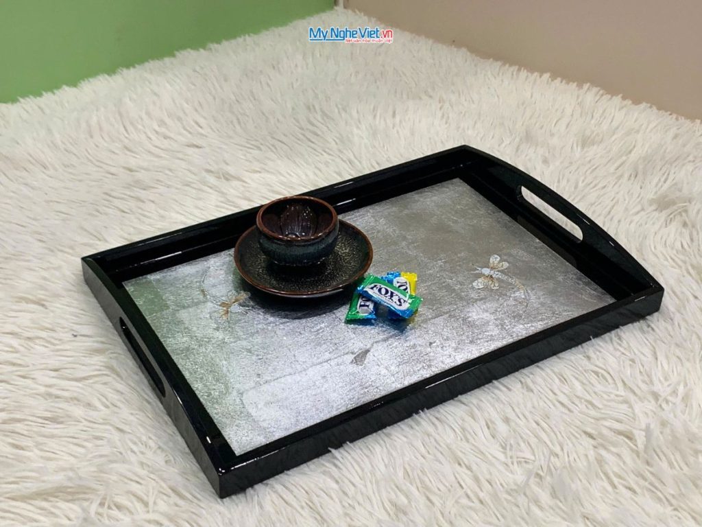 Khay sơn mài cao cấp dát lá bạc cẩn chuồn