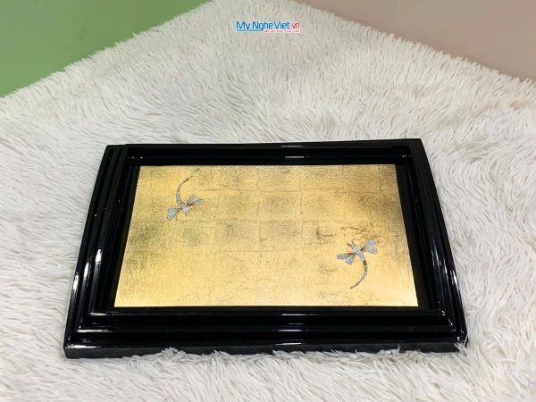 Khay sơn mài cao cấp dát lá vàng cẩn chuồn