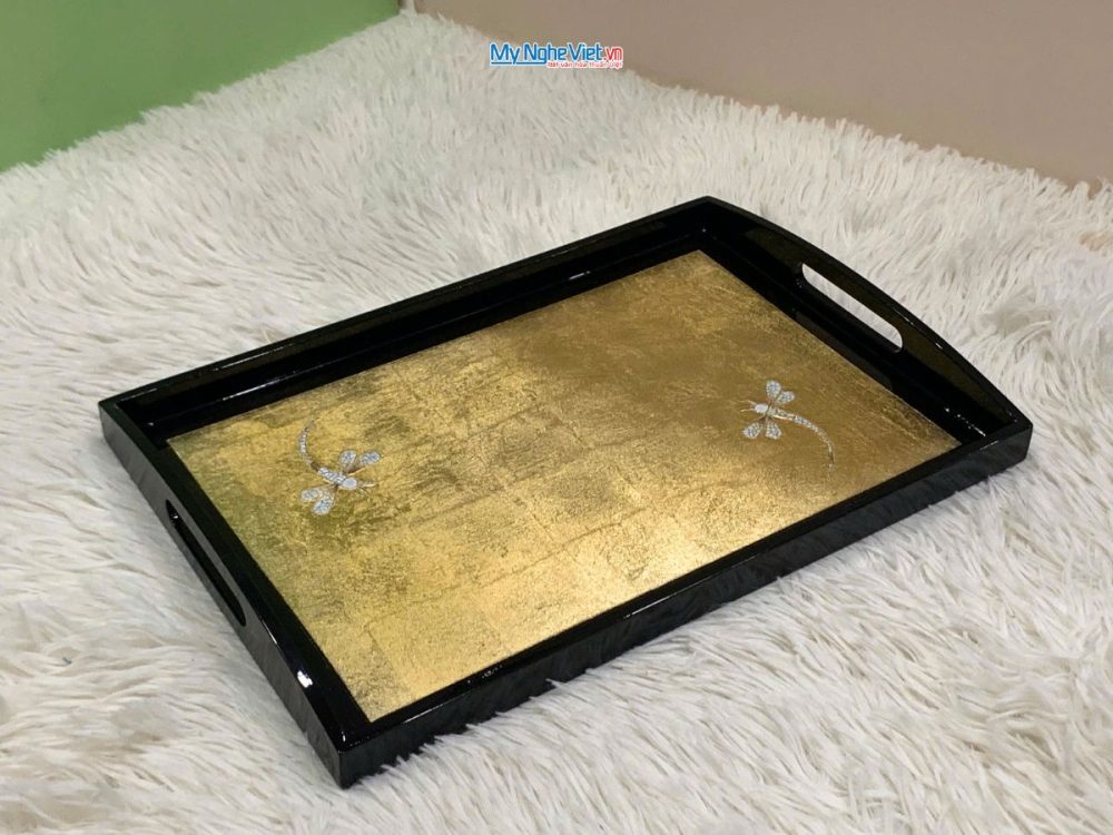 Khay sơn mài cao cấp dát lá vàng cẩn chuồn