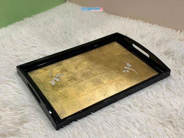 Khay sơn mài cao cấp dát lá vàng cẩn chuồn