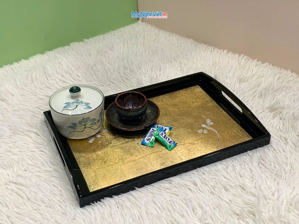 Khay sơn mài cao cấp dát lá vàng cẩn chuồn
