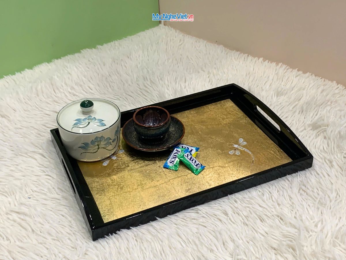 Khay sơn mài cao cấp dát lá vàng cẩn chuồn