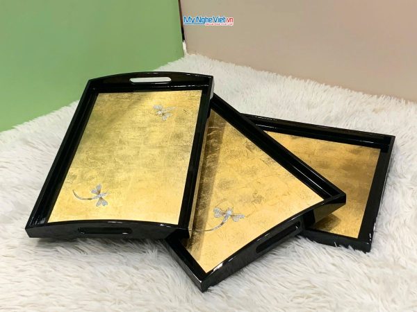 Khay sơn mài cao cấp dát lá vàng cẩn chuồn