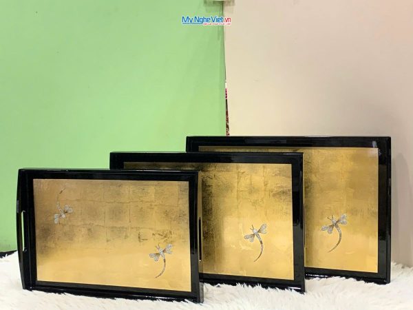 Khay sơn mài cao cấp dát lá vàng cẩn chuồn