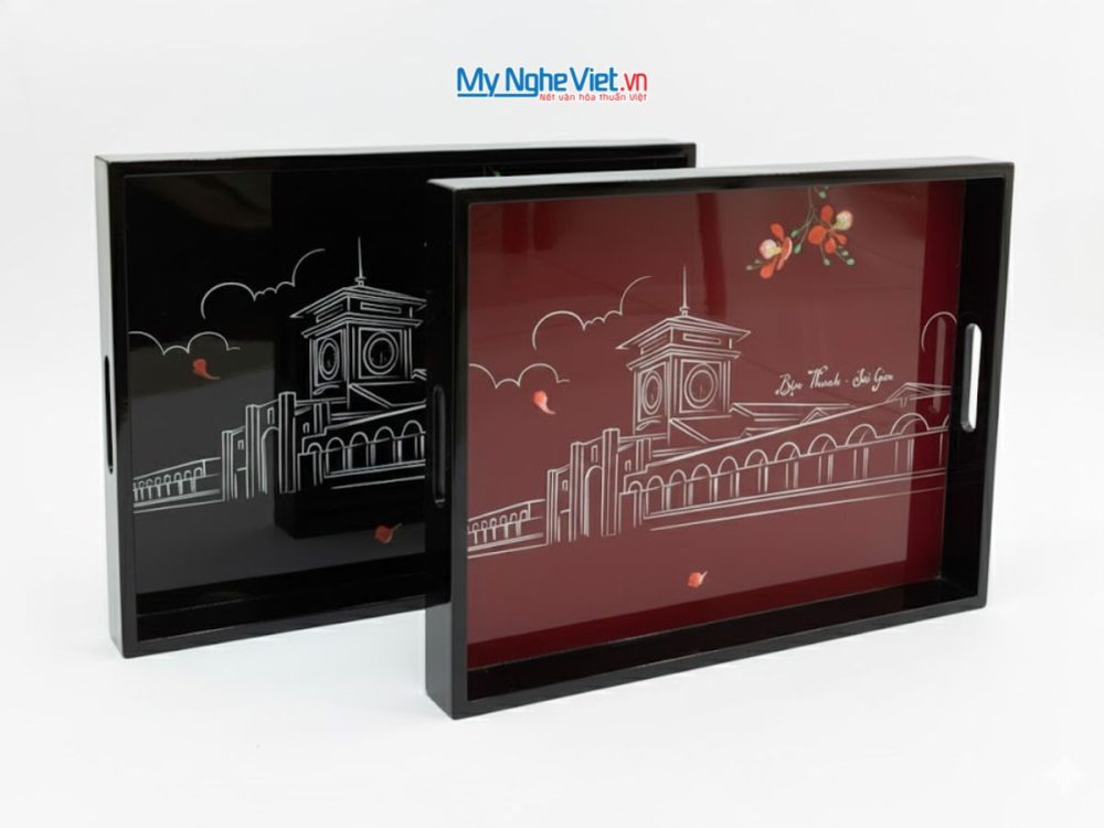 Khay sơn mài cao cấp vẽ Chợ Bến Thành