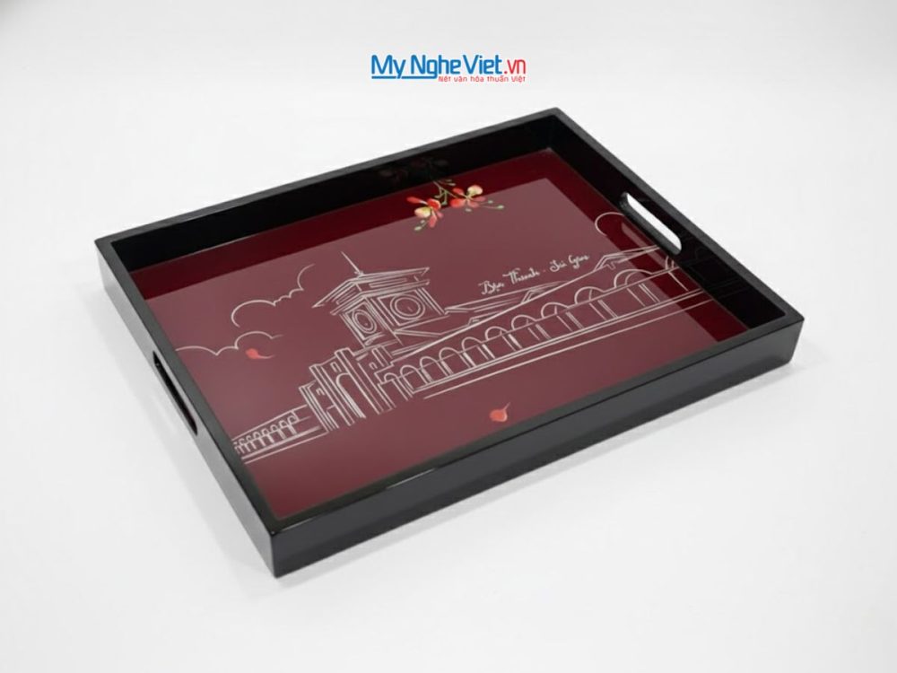Khay sơn mài cao cấp vẽ Chợ Bến Thành nền đỏ
