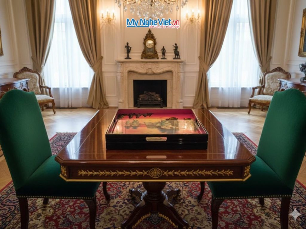 Khay sơn mài vuông vẽ phong cảnh