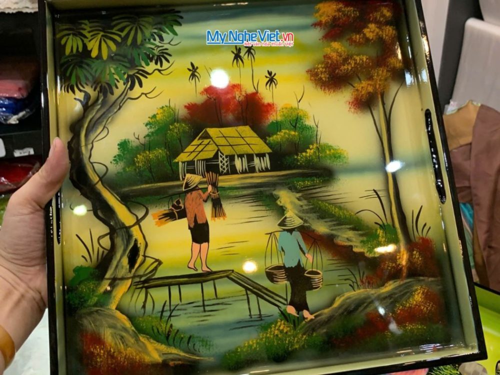 Khay sơn mài vuông vẽ phong cảnh