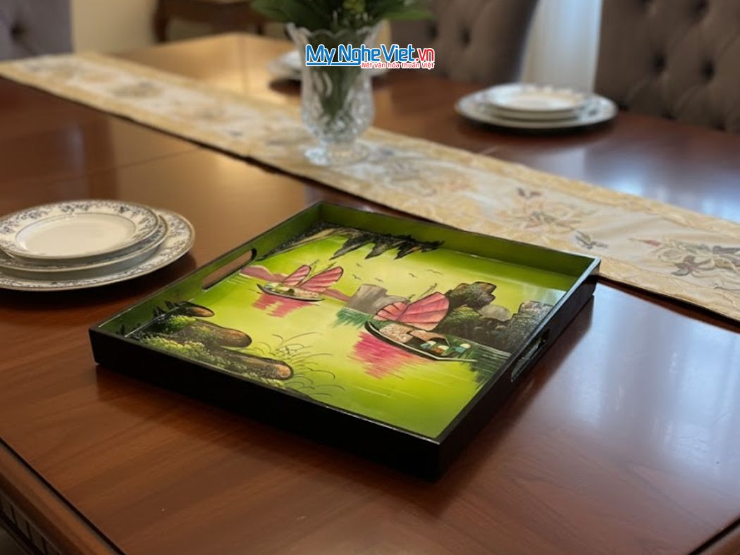 Khay sơn mài vuông vẽ phong cảnh