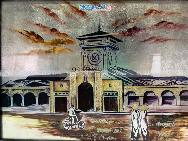 Tranh Sơn Mài Chợ Bến Thành Dát Lá Bạc Có Khung