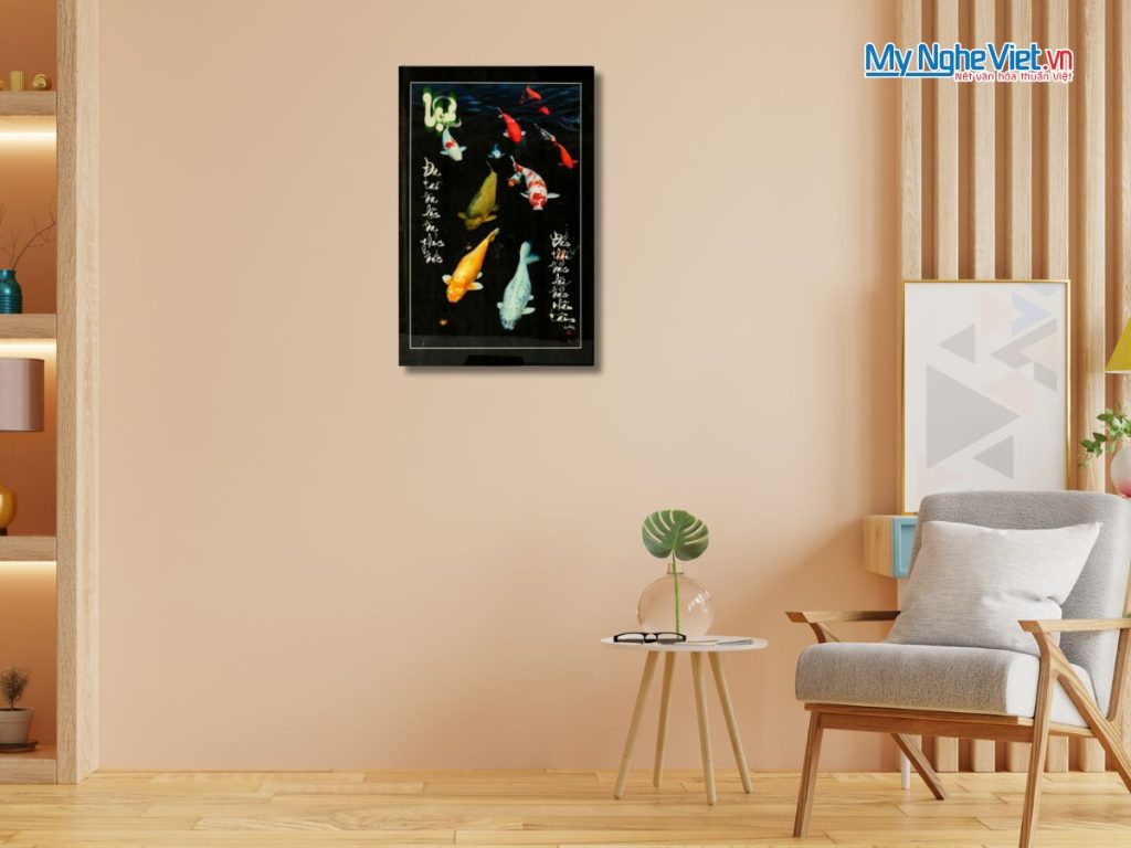 Tranh thư pháp sơn mài chữ Lộc vẽ cá Chép