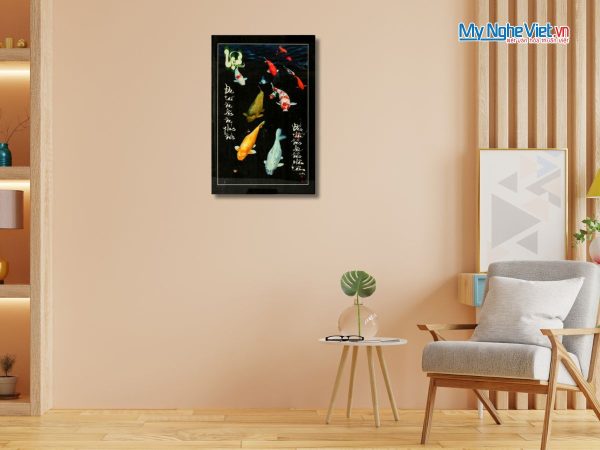 Tranh thư pháp sơn mài chữ Lộc vẽ cá Chép