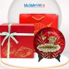 Tranh đĩa sơn mài hoa sen đắp nổi nền đỏ dát lá vàng và hộp quà tặng cao cấp