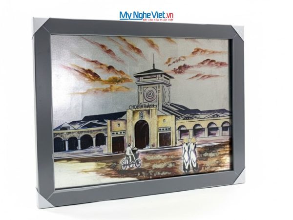 Tranh Sơn Mài Chợ Bến Thành Dát Lá Bạc Có Khung