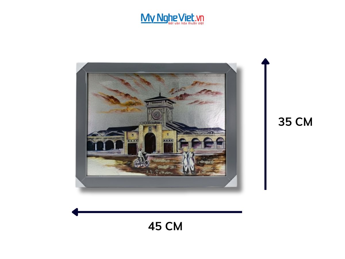 Tranh Sơn Mài Chợ Bến Thành Dát Lá Bạc Có Khung