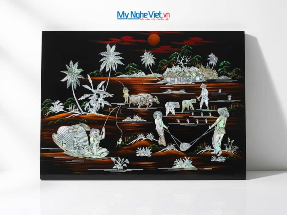 Tranh Sơn Mài Đồng Quê Nền Ấm Cẩn Ốc