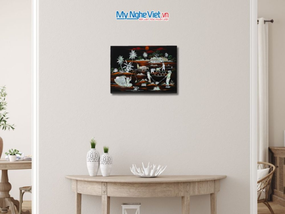 Tranh Sơn Mài Đồng Quê Nền Ấm Cẩn Ốc