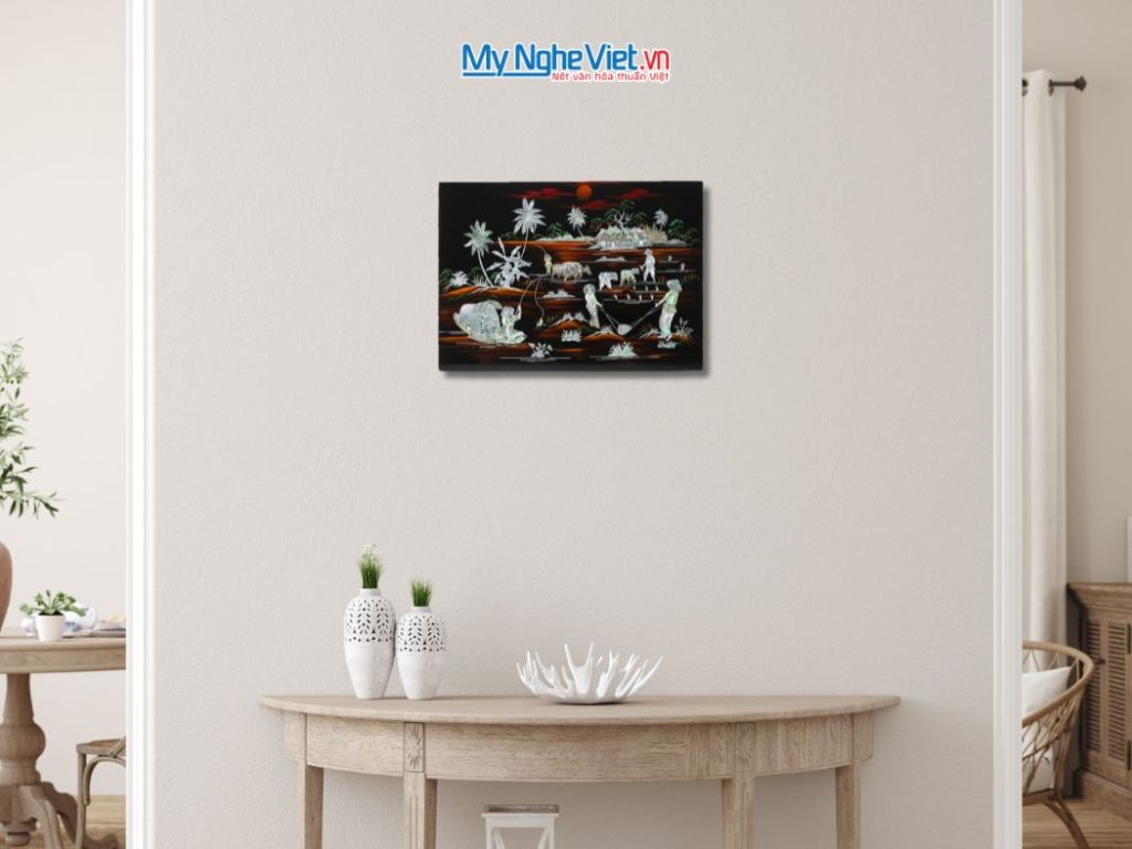 Tranh Sơn Mài Đồng Quê Nền Ấm Cẩn Ốc