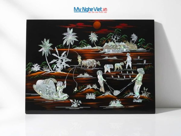 Tranh Sơn Mài Đồng Quê Nền Ấm Cẩn Ốc