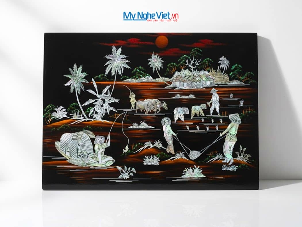 Tranh Sơn Mài Đồng Quê Nền Ấm Cẩn Ốc