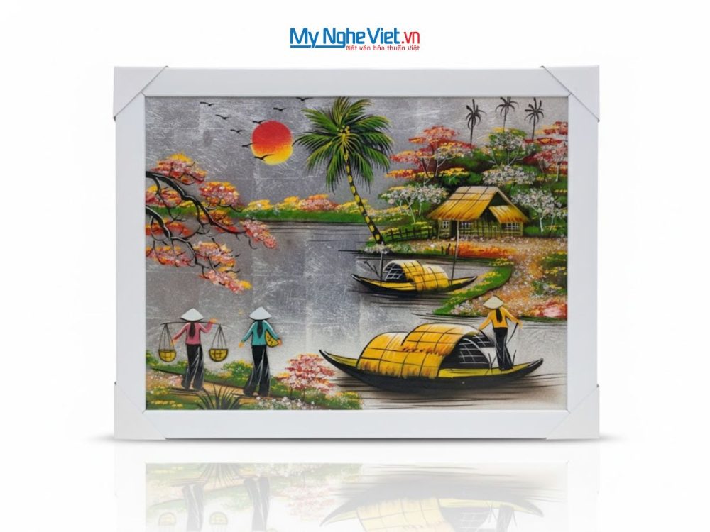 Bộ tranh sơn mài đồng quê dát lá bạc và khung trắng