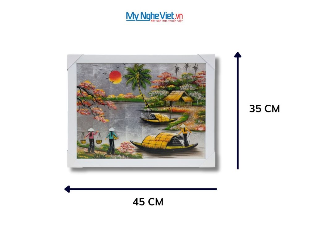 Bộ tranh sơn mài đồng quê dát lá bạc và khung trắng