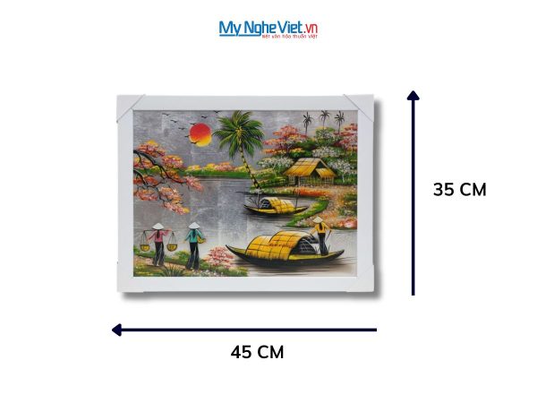 Bộ tranh sơn mài đồng quê dát lá bạc và khung trắng