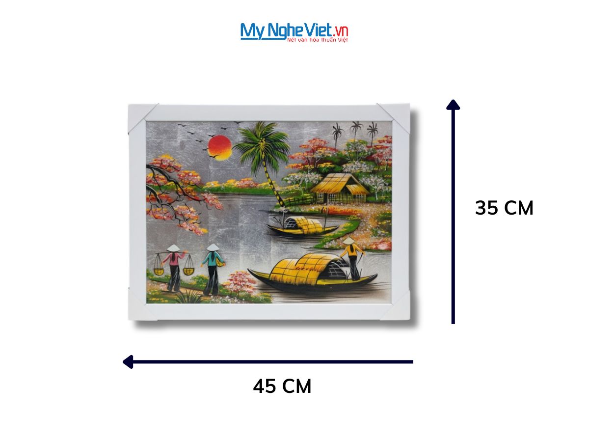 Bộ tranh sơn mài đồng quê dát lá bạc và khung trắng