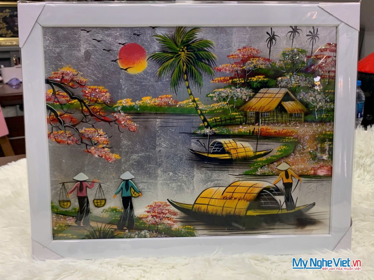 Bộ tranh sơn mài đồng quê dát lá bạc và khung trắng