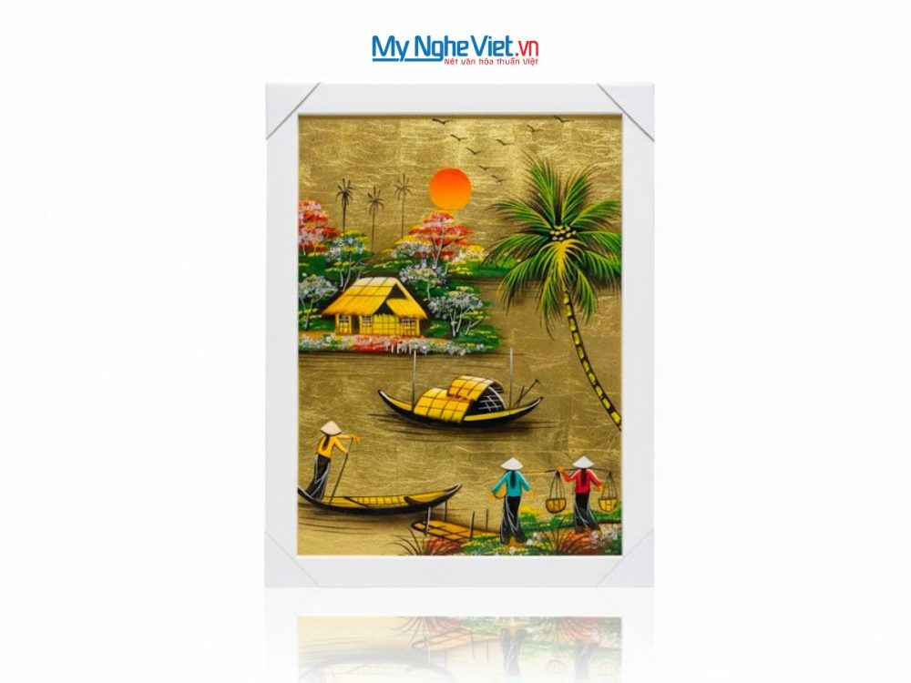 Bộ tranh sơn mài đồng quê dát lá vàng và khung trắng