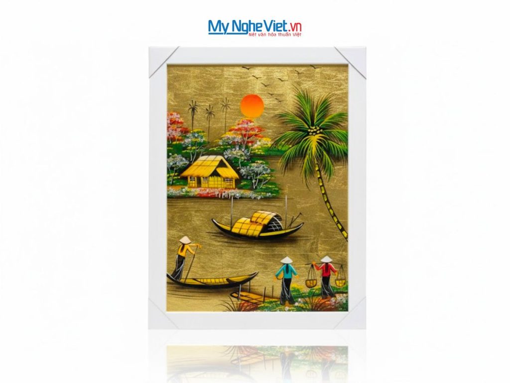 Bộ tranh sơn mài đồng quê dát lá vàng và khung trắng