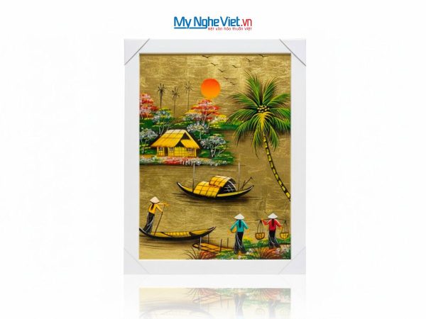 Bộ tranh sơn mài đồng quê dát lá vàng và khung trắng