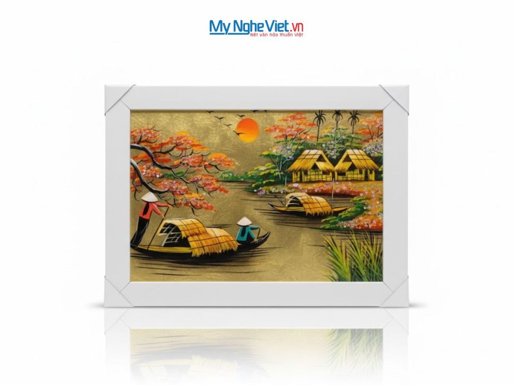 Bộ tranh sơn mài đồng quê dát lá vàng và khung trắng