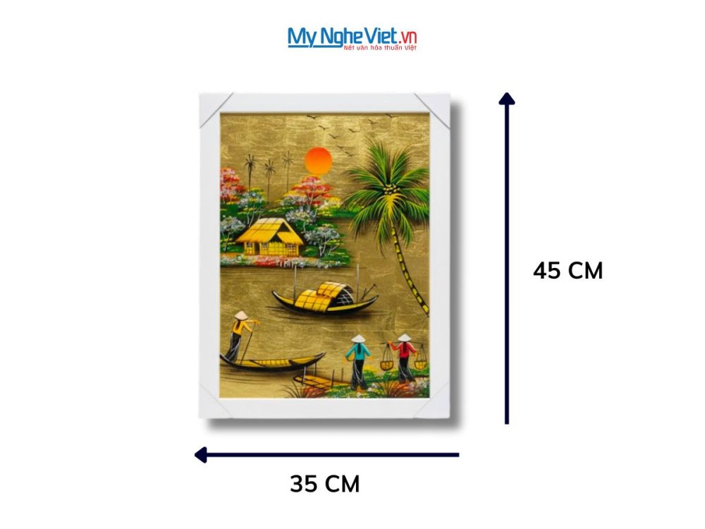 Bộ tranh sơn mài đồng quê dát lá vàng và khung trắng