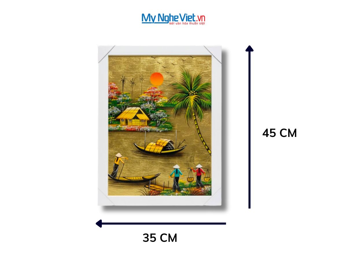 Bộ tranh sơn mài đồng quê dát lá vàng và khung trắng