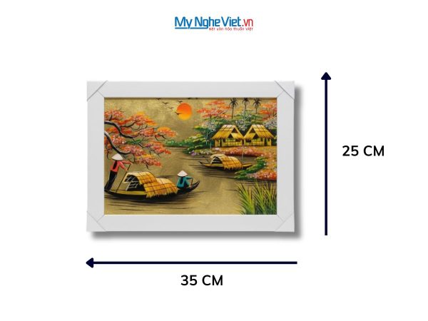 Bộ tranh sơn mài đồng quê dát lá vàng và khung trắng