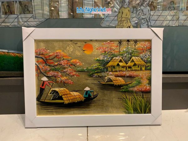 Bộ tranh sơn mài đồng quê dát lá vàng và khung trắng