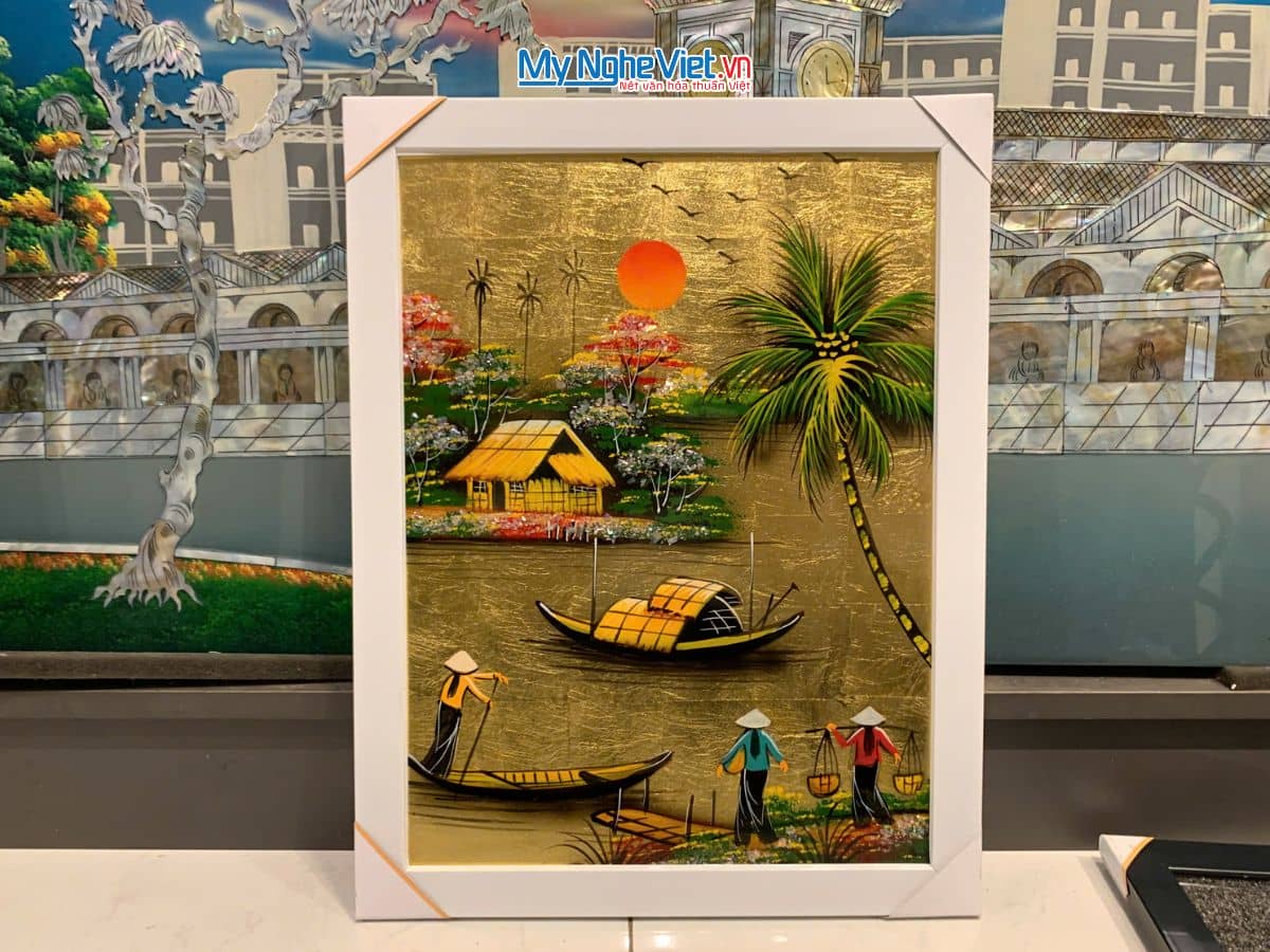 Bộ tranh sơn mài đồng quê dát lá vàng và khung trắng