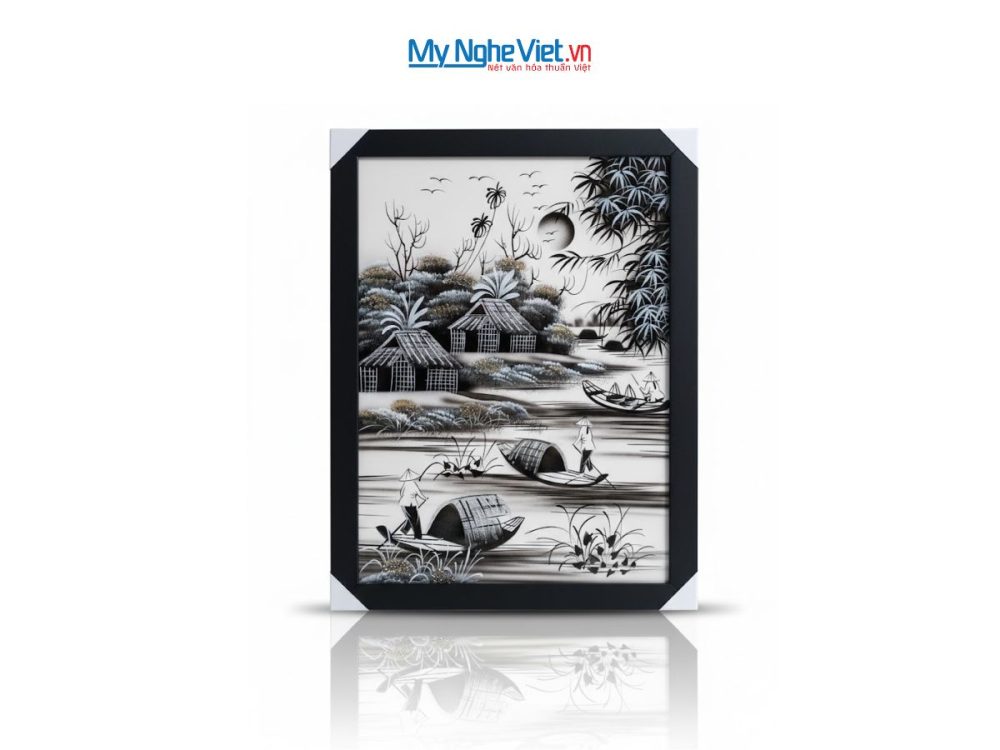 Bộ tranh sơn mài đồng quê đen trắng và khung đen