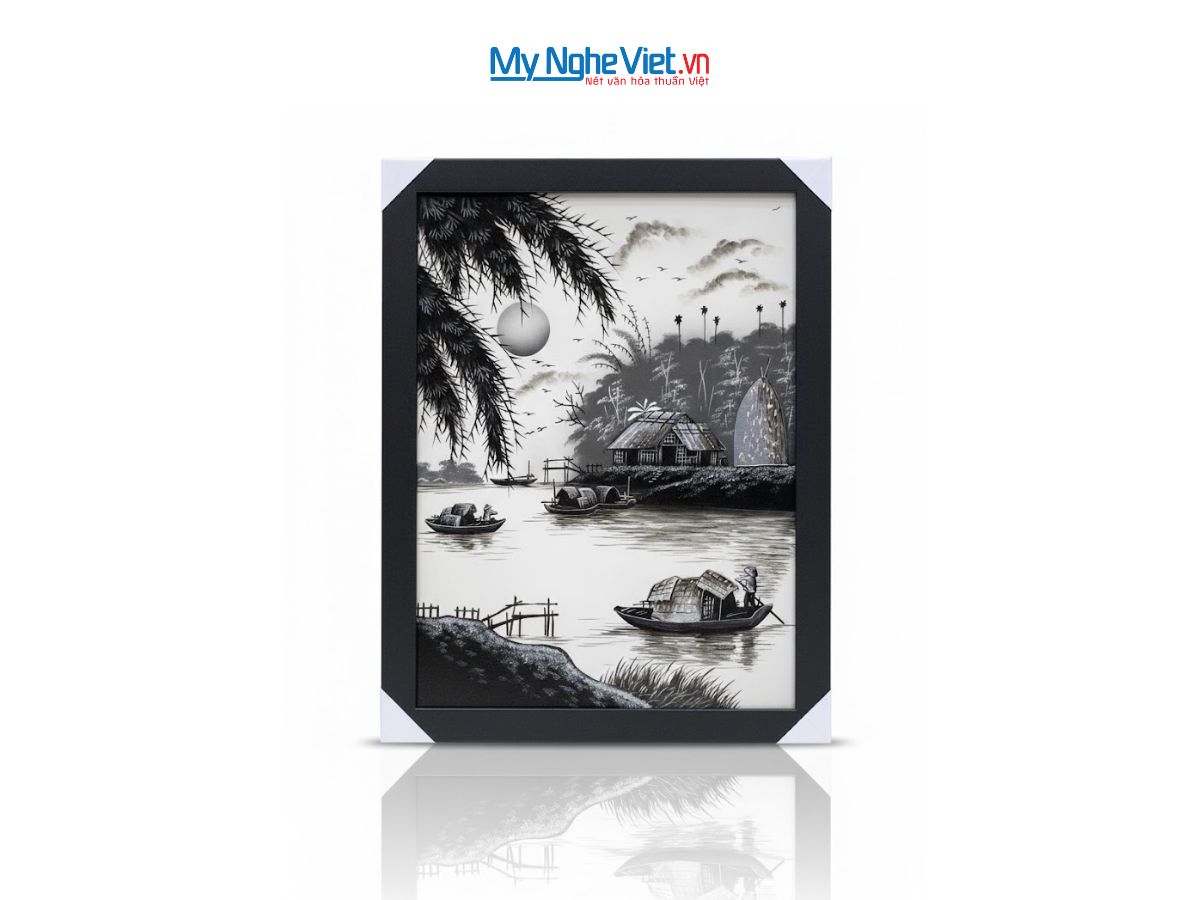 Bộ tranh sơn mài đồng quê đen trắng và khung đen