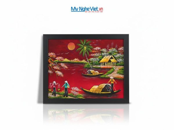 Bộ tranh sơn mài đồng quê nền đỏ và khung đen
