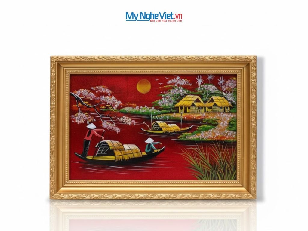 Bộ tranh sơn mài đồng quê nền đỏ và khung vàng